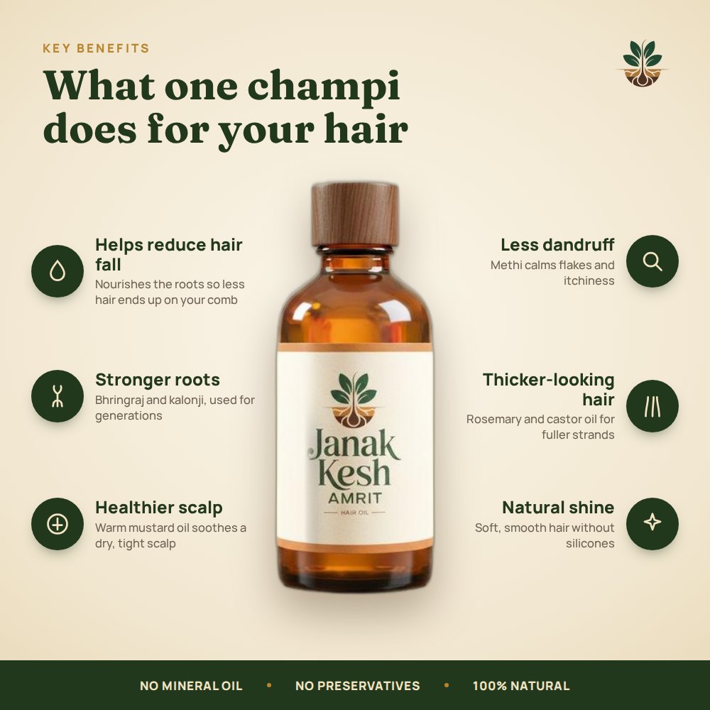 Key benefits: helps reduce hair fall, stronger roots, healthier scalp, less dandruff, thicker-looking hair, natural shine
