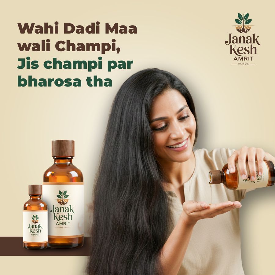 Woman pouring Janak Kesh Amrit oil into her palm, with 100ml and 500ml bottles