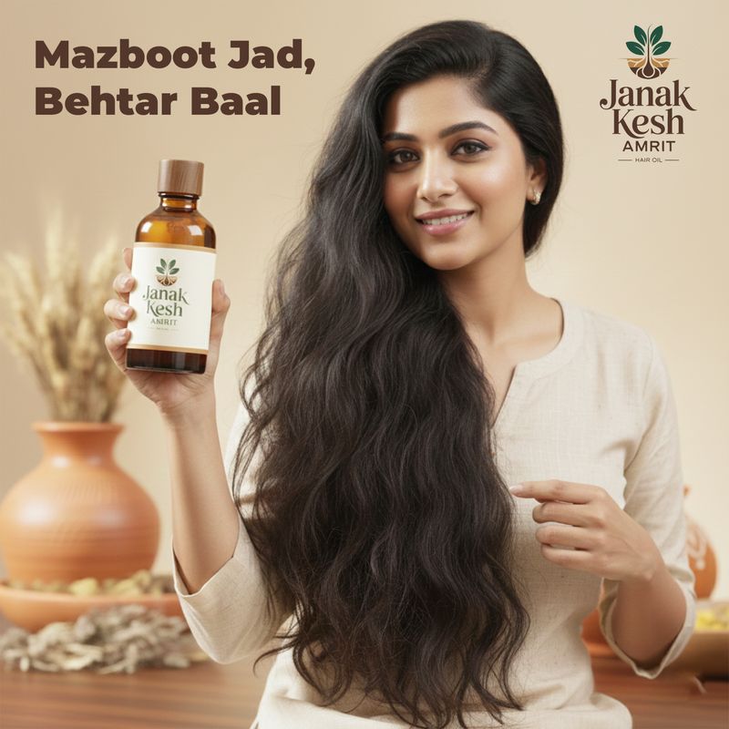 Woman with long hair holding a bottle of Janak Kesh Amrit